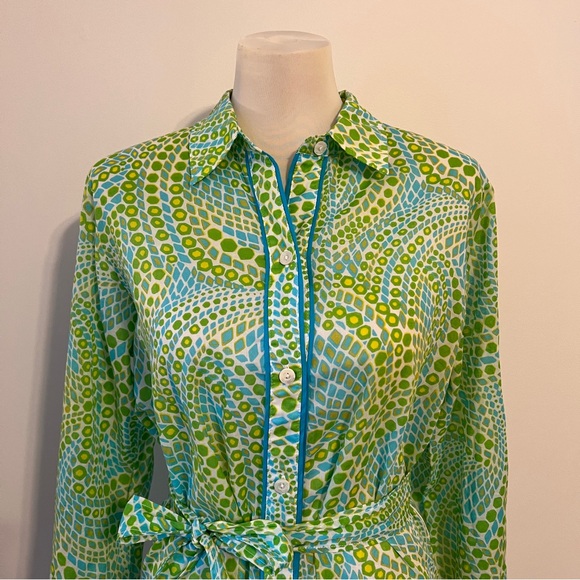 Trina Turk Green Yellow Button Front Shirt Dress Size Large cotton belted - Picture 2 of 8